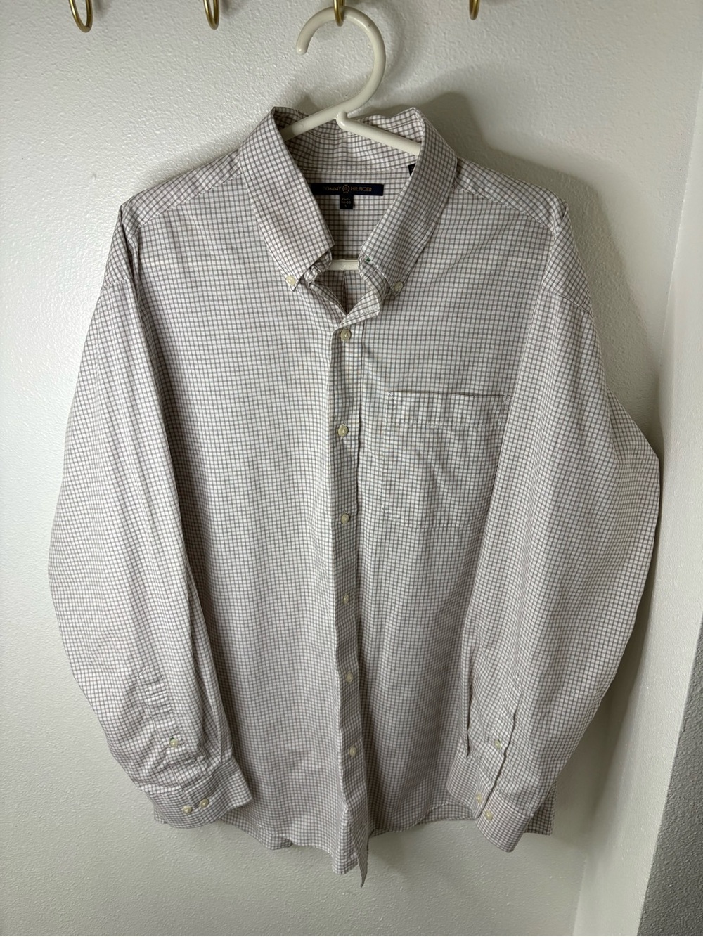 Tommy Hilfiger Men's Beige and White Small Check Button-Down Shirt - L